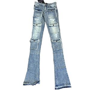 Doctrine Super Stacked Pocket Front Jeans 32 Distressed Savant Indigo 46" Inseam